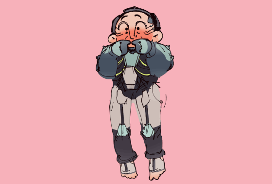 sigma overwatch pushing index fingers together and blushing, animated (gif) so he looks like he is floating/bouncing in the air.