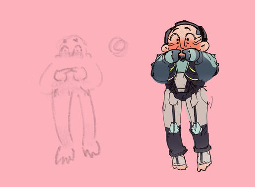 sigma overwatch pushing index fingers together and blushing. sketch on the left, fully colored version on the right.
