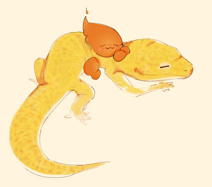 illustration of wispggs mascot, flint, napping with his pet leopard gecko.